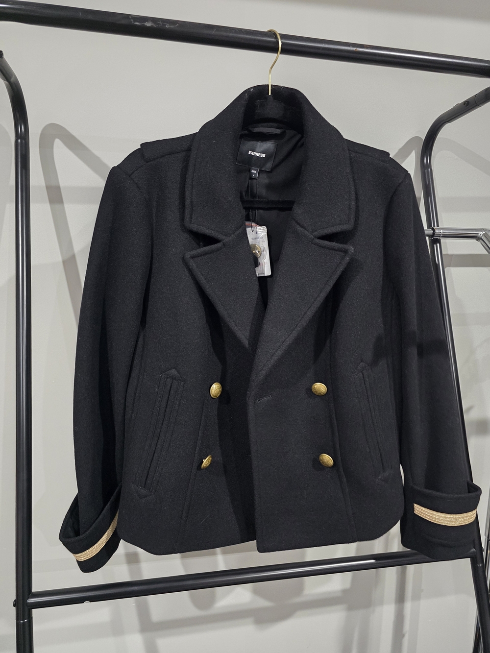 Express Black Double-Breasted Pea Coat with Gold Buttons